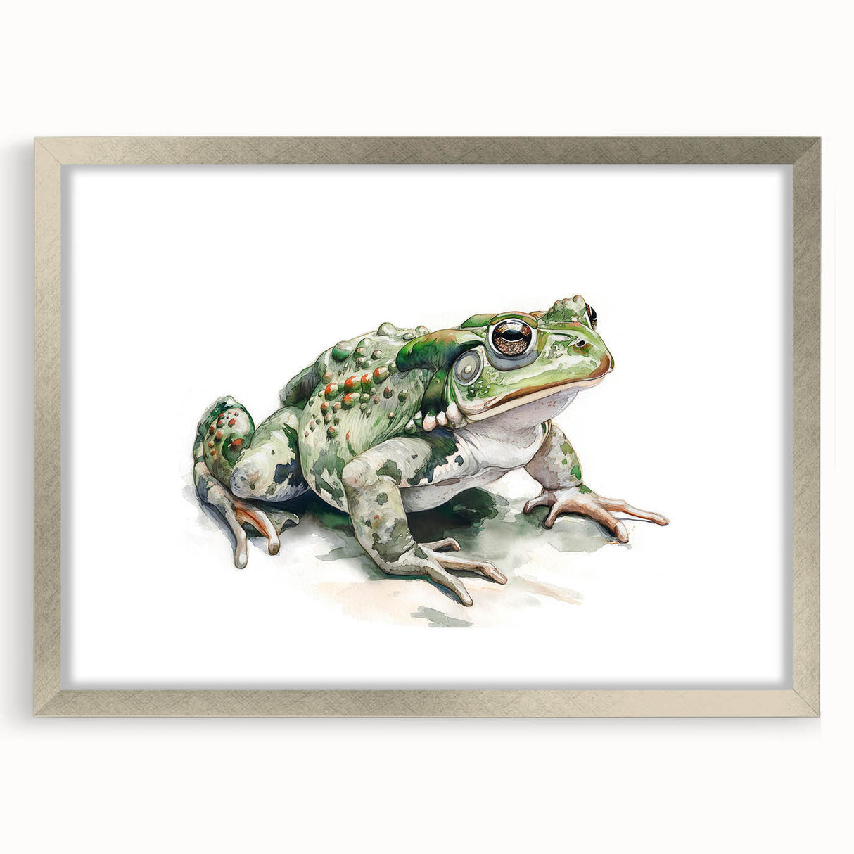Framed wall art featuring a vibrant frog design in a silver frame, complemented by a white mat, perfect for adding a touch of nature-inspired decor to any room. Ideal for animal enthusiasts and nature lovers.