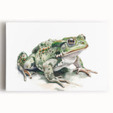 Vibrant frog design wall art on stretched canvas, showcasing detailed colors and textures, perfect for nature-themed decor and wildlife enthusiasts.