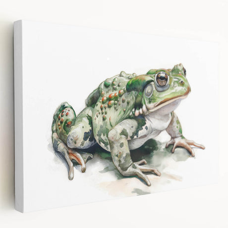 Vibrant stretched canvas featuring a whimsical frog design, showcasing rich greens and detailed textures, perfect for animal-themed home decor or children's rooms.