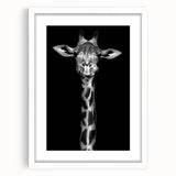 Giraffe-themed wall art design displayed in a sleek white frame with a mat, showcasing vibrant colors and intricate details, perfect for animal lovers and home decor enthusiasts.