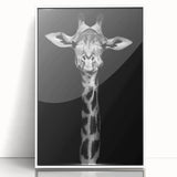 Framed wall art featuring a vibrant giraffe design, showcasing intricate details and bold colors, set against a white background to enhance its appeal.