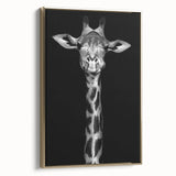 Framed canvas wall art featuring a striking side view of a giraffe against a gold background, showcasing intricate details and textures, ideal for animal lovers and home decor.