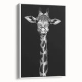 Framed wall art featuring a side view of a giraffe in a minimalist design, showcasing earthy tones and a sleek white frame, perfect for animal lovers' decor.