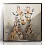 Framed wall art showcasing a striking giraffe design, featuring vibrant colors and a sleek black frame, perfect for adding a touch of wildlife decor to any space.