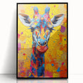 Framed acrylic wall art featuring a striking giraffe design, showcasing intricate details and vibrant colors, presented in a sleek black frame for modern decor.