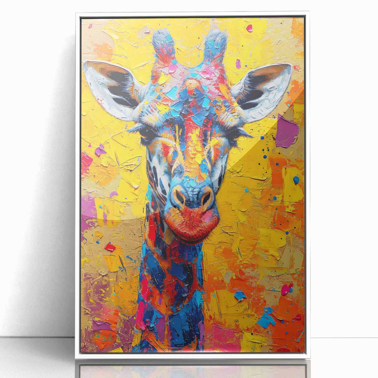 Framed wall art featuring a stunning giraffe design in vibrant colors, set against a white background, perfect for animal lovers and home decor enthusiasts.
