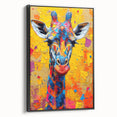 Framed canvas wall art showcasing a striking side view of a giraffe in a vibrant, abstract design, perfect for animal lovers and modern home decor enthusiasts. The artwork features bold colors against a sleek black background, adding a contemporary touch to any interior space.