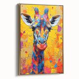 Framed canvas wall art of a giraffe in a golden color palette, showcasing a side view with intricate detailing, perfect for animal-themed home decor.