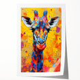 Giraffe-themed wall art print showcasing vibrant colors and intricate patterns, perfect for adding a touch of wildlife decor to any room. Rolled and ready for framing.
