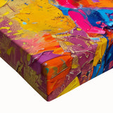 Close-up of a vibrant giraffe design on stretched canvas, showcasing intricate details and rich colors, perfect for animal-themed wall art decor.