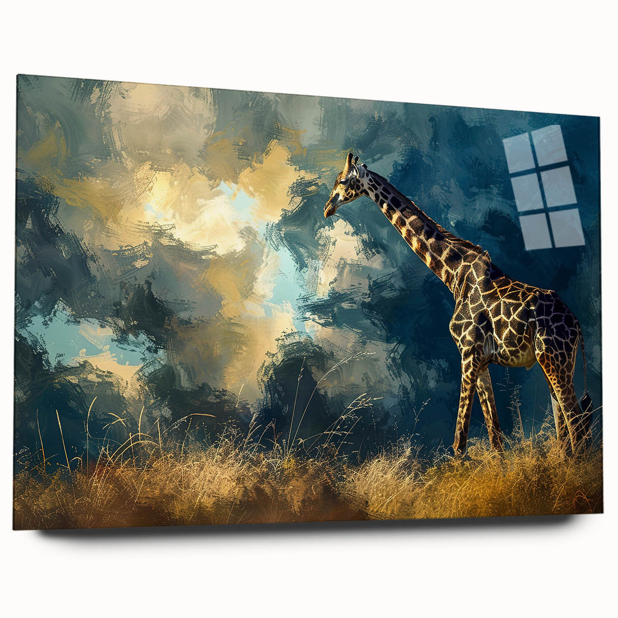 Acrylic wall art design showcasing a side view of a giraffe in a vibrant jungle setting, emphasizing its unique patterns and colors, perfect for animal lovers or safari-themed decor.