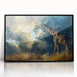 Framed wall art featuring a striking giraffe design, showcasing vibrant colors and intricate details against a sleek black frame, perfect for animal lovers and home decor enthusiasts.