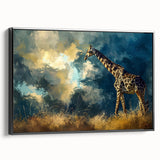 Framed canvas wall art featuring a side view of a majestic giraffe against a black background, showcasing intricate detailing and vibrant colors, ideal for animal lovers and modern decor enthusiasts.