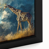Close-up view of a framed canvas wall art featuring a vibrant giraffe design, showcasing intricate details and textures in earthy tones, perfect for wildlife enthusiasts.