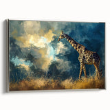 Framed wall art featuring a side view of a giraffe against a silver background, showcasing intricate details and textures, perfect for animal-themed decor.