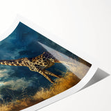 Giraffe wall art print showcasing a vibrant, colorful design featuring a stylized giraffe surrounded by nature, rolled and ready for framing or display.