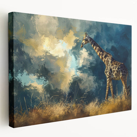 Stretched canvas wall art featuring a side view of a vibrant giraffe design, showcasing intricate patterns and colors, perfect for wildlife decor enthusiasts.