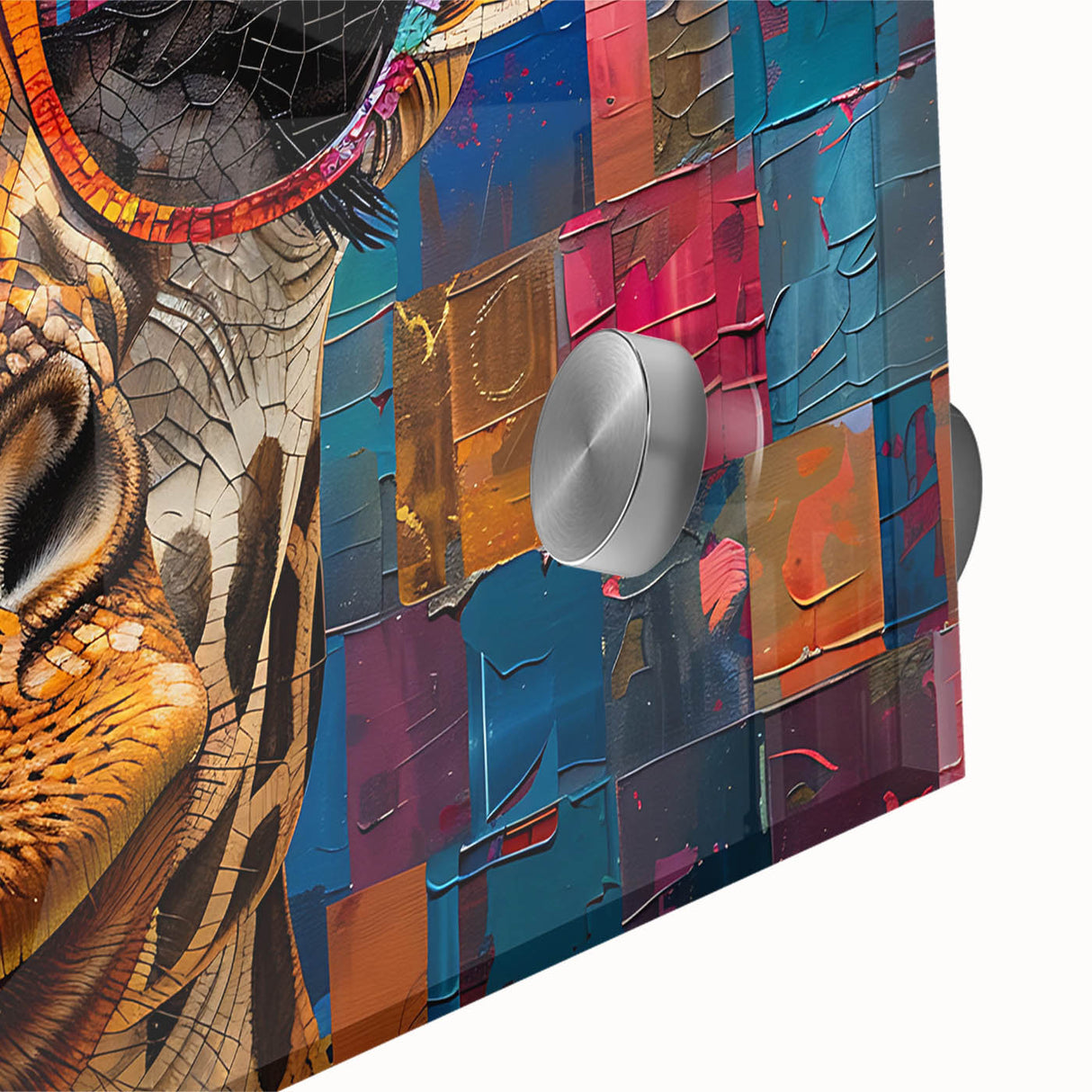 Close-up of a vibrant giraffe wall art design on acrylic glass, showcasing intricate details and colors, perfect for animal lovers and modern decor enthusiasts.