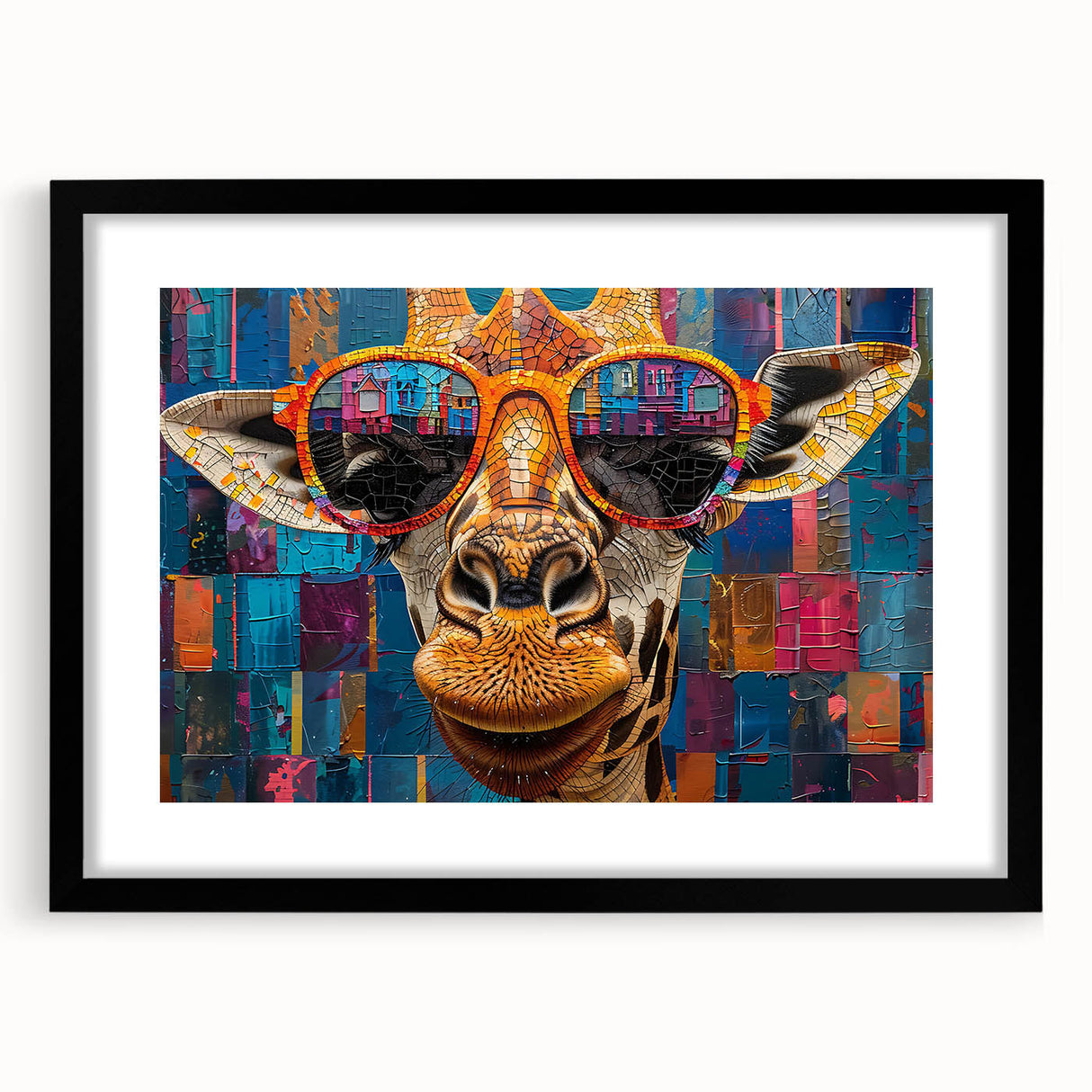 Black-framed wall art showcasing a vibrant giraffe design, perfect for adding a touch of wildlife elegance to modern decor. Features a sleek mat for enhanced presentation.