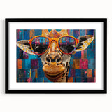 Black-framed wall art showcasing a vibrant giraffe design, perfect for adding a touch of wildlife elegance to modern decor. Features a sleek mat for enhanced presentation.