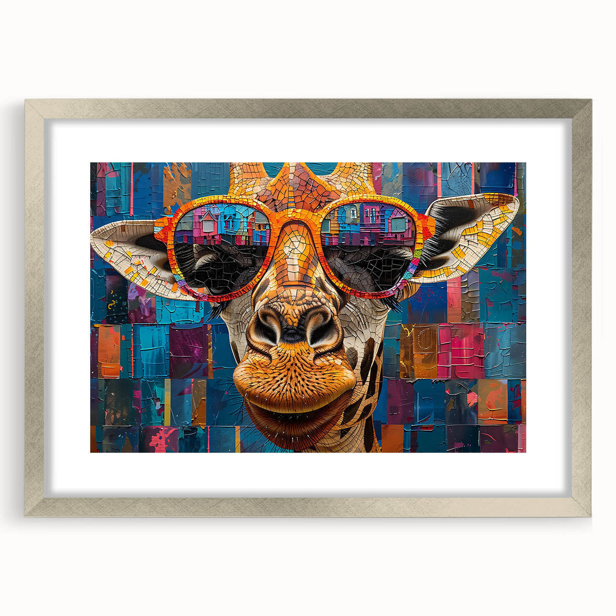 Stylish wall art featuring a silver-framed giraffe design, showcasing its unique textures and vibrant colors, perfect for enhancing modern decor with a wildlife theme.