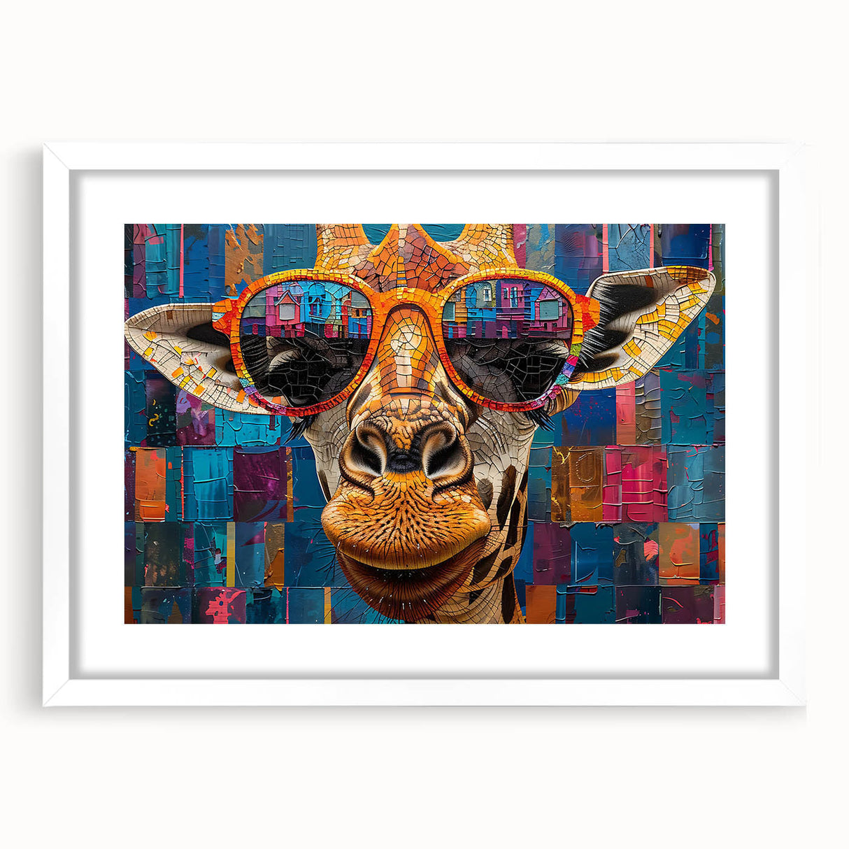 Giraffe-themed wall art design in a white frame with a matte finish, showcasing vibrant colors and detailed textures, perfect for enhancing any living space decor.