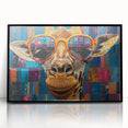 Framed wall art featuring a striking giraffe design, showcasing intricate details and vibrant colors on a black background, perfect for wildlife enthusiasts and home decor.