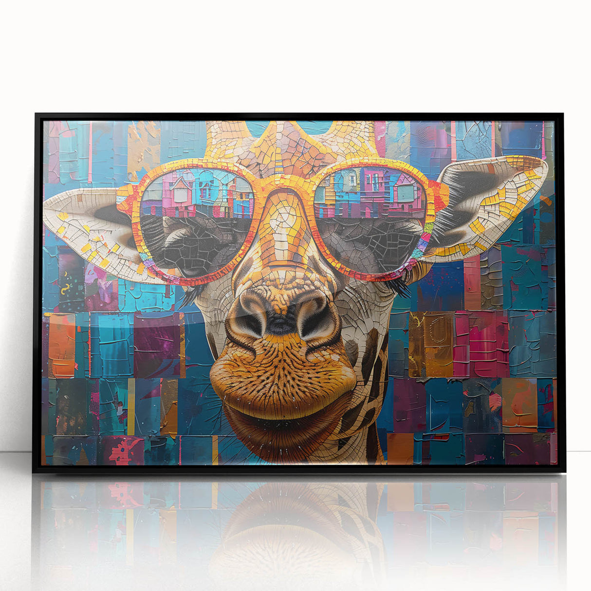 Framed wall art featuring a striking giraffe design, showcasing intricate details and vibrant colors on a black background, perfect for wildlife enthusiasts and home decor.