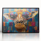 Framed wall art featuring a striking giraffe design, showcasing intricate details and vibrant colors on a black background, perfect for wildlife enthusiasts and home decor.