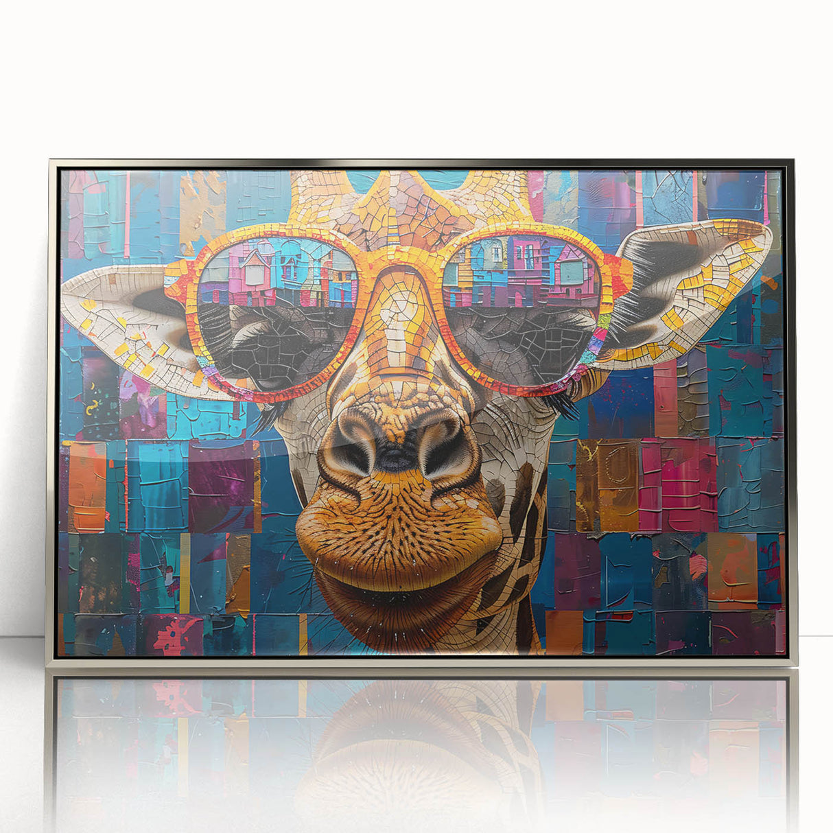 Framed acrylic wall art featuring a striking giraffe design, showcasing intricate details and vibrant colors, perfect for enhancing modern decor in any space.