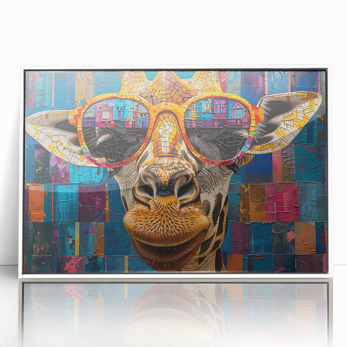 Framed wall art featuring a captivating giraffe design against a white background, showcasing intricate details and vibrant colors, perfect for wildlife enthusiasts.