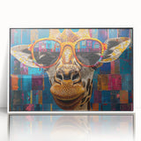 Framed wall art featuring a captivating giraffe design against a white background, showcasing intricate details and vibrant colors, perfect for wildlife enthusiasts.