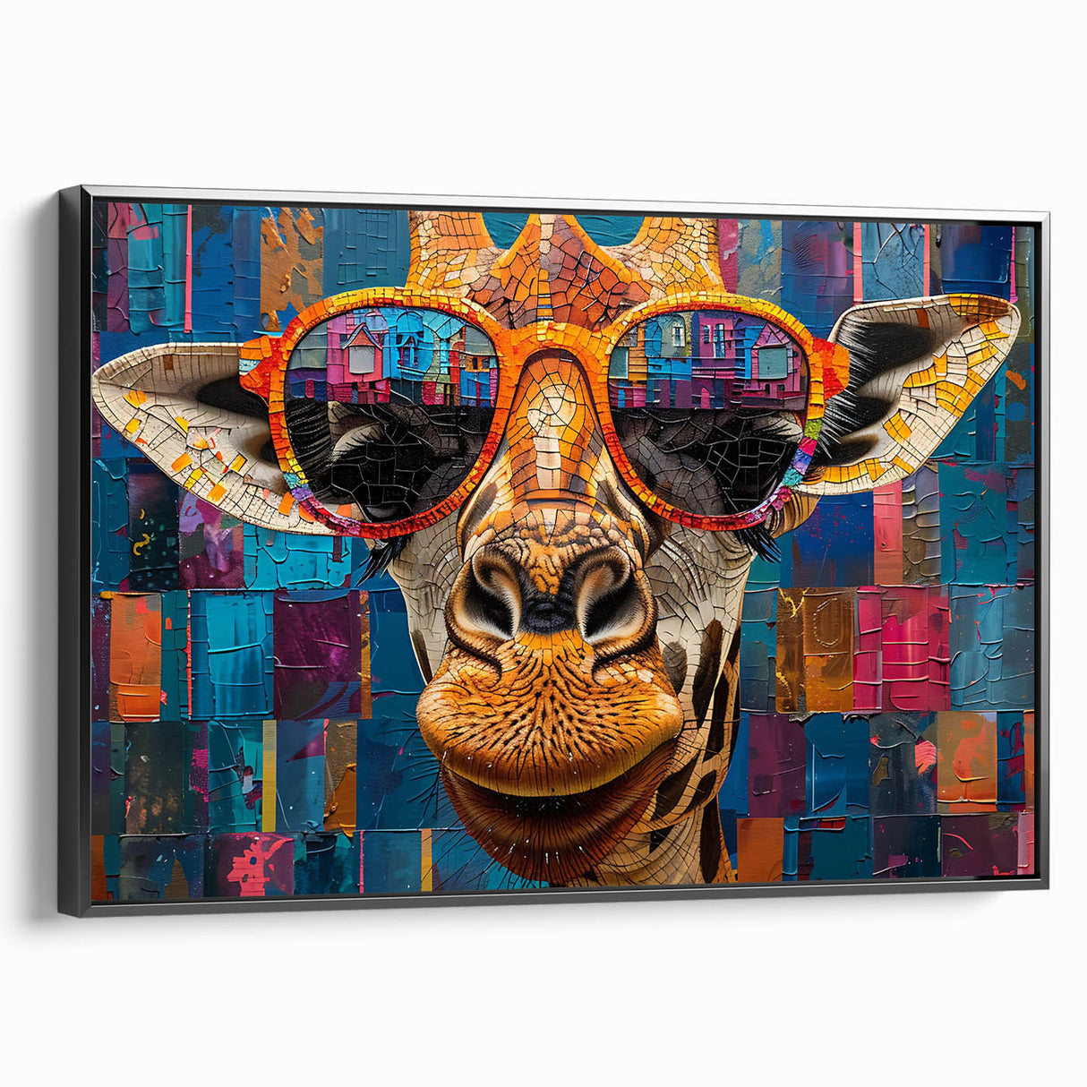Framed canvas wall art featuring a striking black-and-white side view of a giraffe, showcasing intricate details and textures, perfect for wildlife enthusiasts and modern decor.