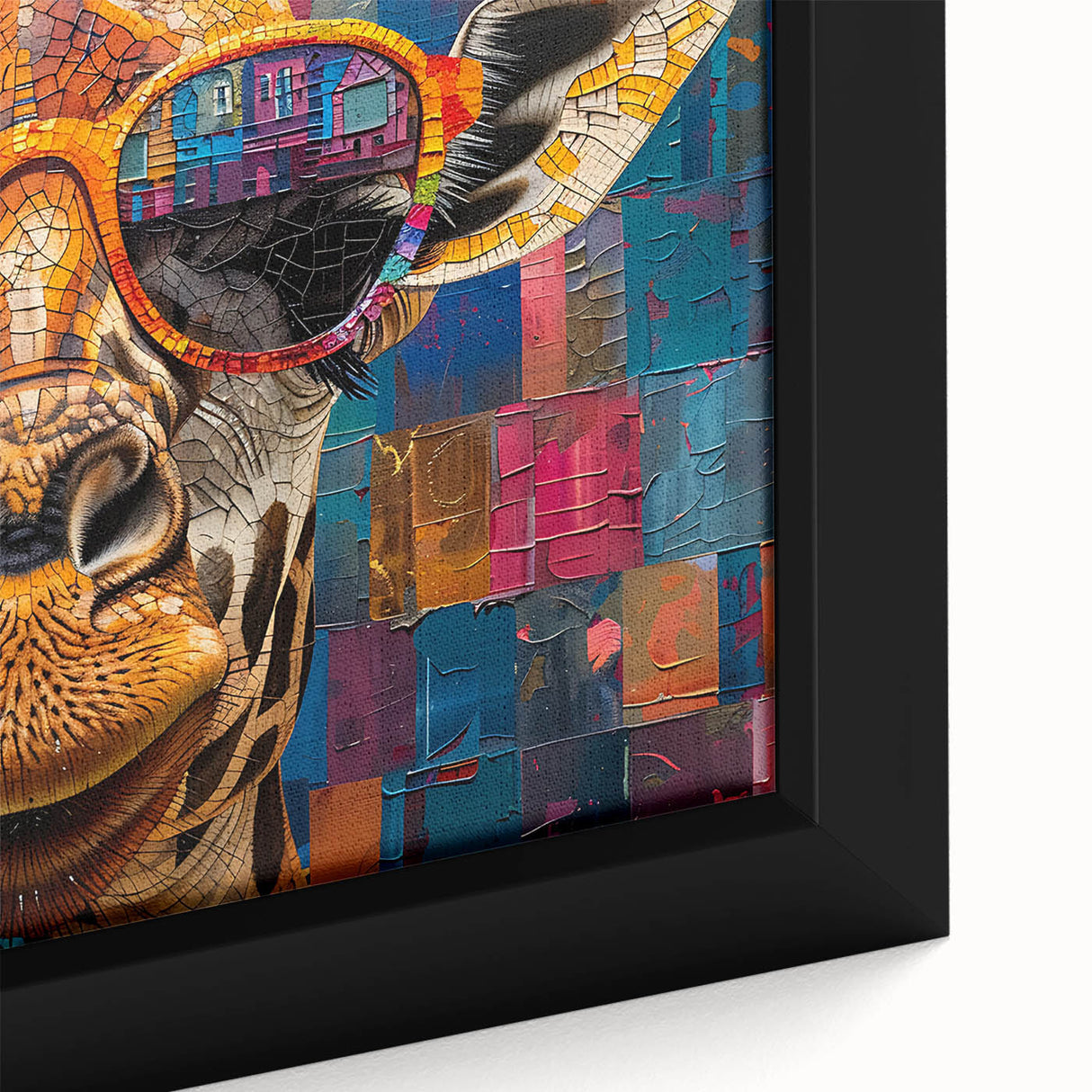 Close-up of a framed canvas wall art featuring a striking giraffe design, showcasing vibrant colors and intricate details, perfect for enhancing any space.