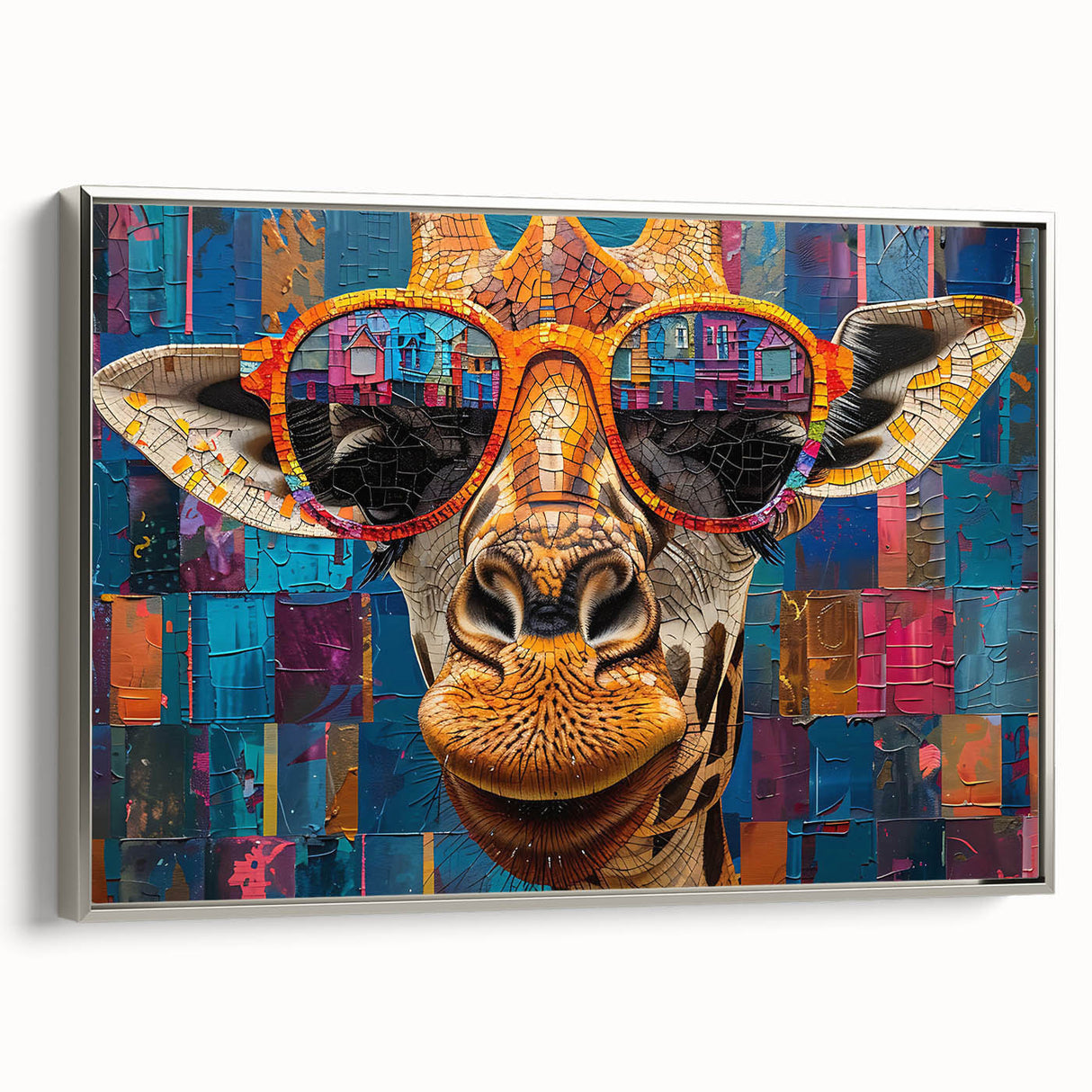 Framed wall art featuring a silver side view of a giraffe, showcasing intricate details and textures, perfect for enhancing modern home decor with a wildlife theme.