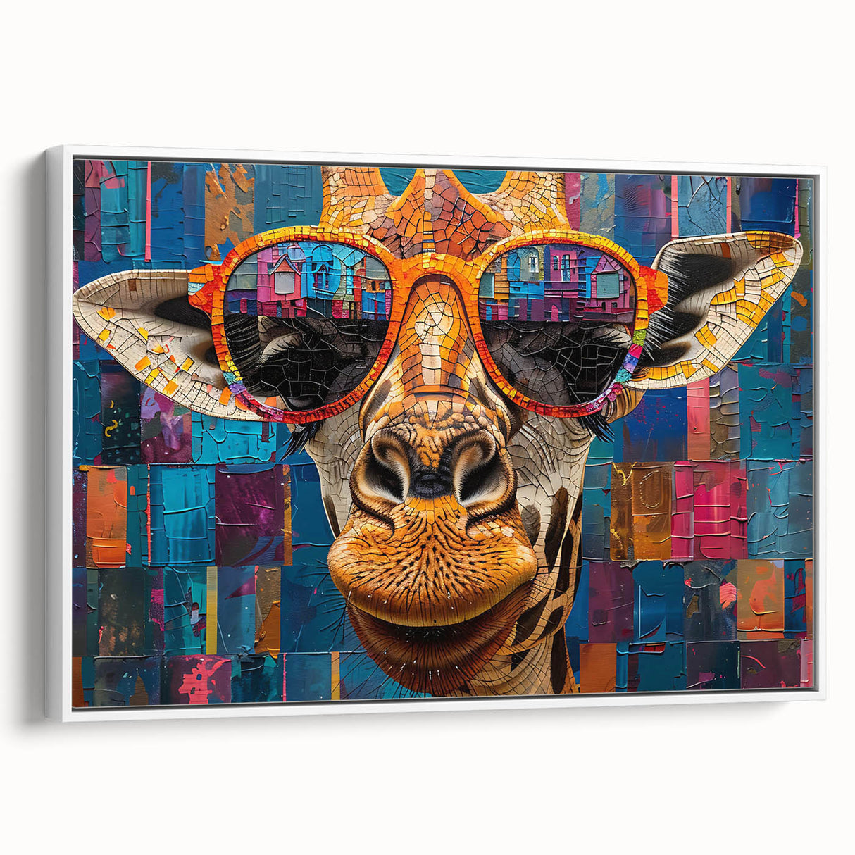Framed wall art showcasing a side view of a giraffe in a vibrant, artistic style, perfect for animal lovers and home decor enthusiasts. Ideal for adding a touch of nature to any room.