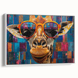 Framed wall art showcasing a side view of a giraffe in a vibrant, artistic style, perfect for animal lovers and home decor enthusiasts. Ideal for adding a touch of nature to any room.