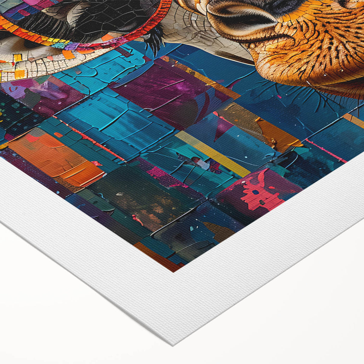 Colorful rolled canvas featuring a vibrant giraffe design, part of an African wildlife art collection, showcasing intricate details and textures, ideal for home decor.