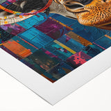 Colorful rolled canvas featuring a vibrant giraffe design, part of an African wildlife art collection, showcasing intricate details and textures, ideal for home decor.
