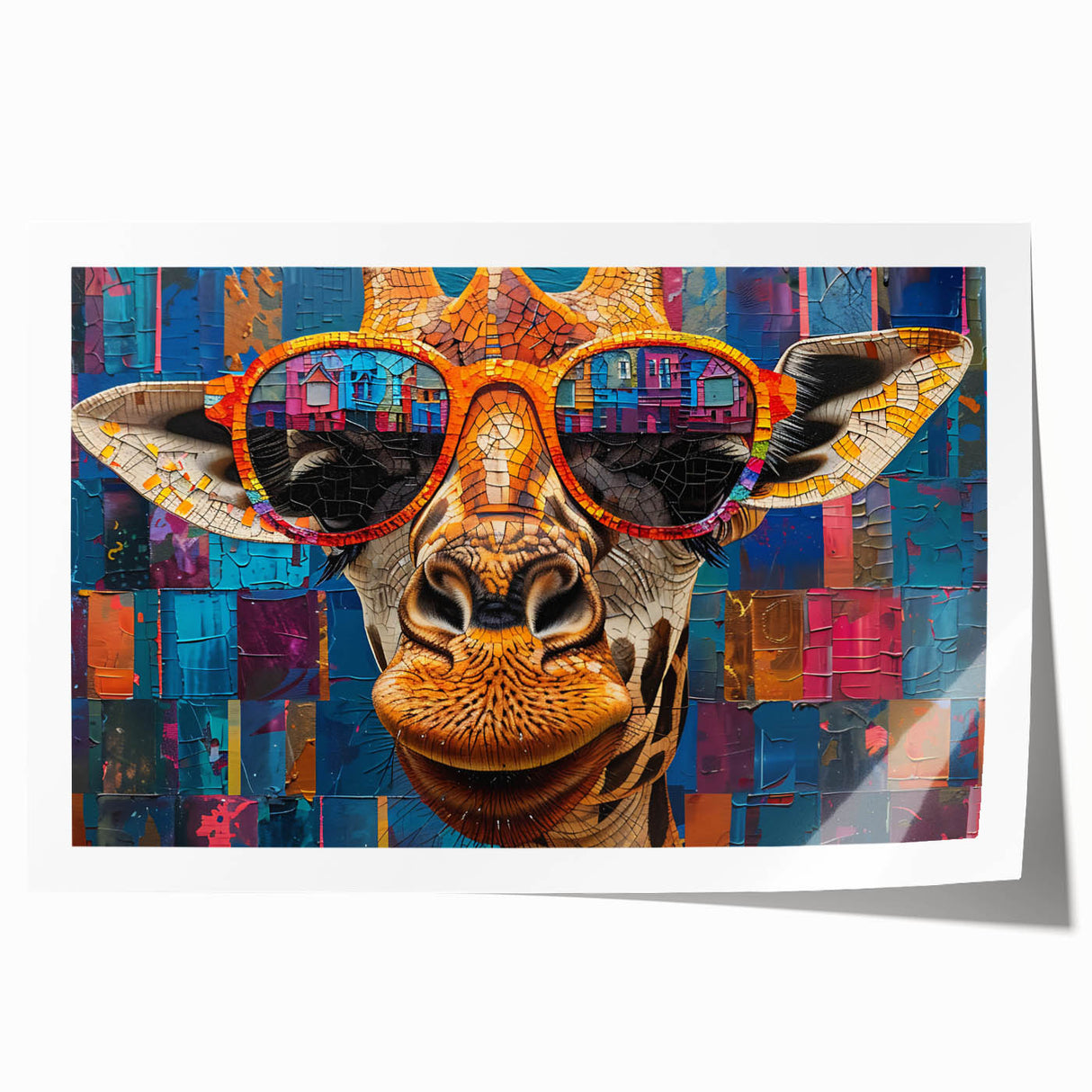 Giraffe wall art design featuring vibrant colors and intricate patterns, showcasing wildlife themes in a rolled print format, ideal for home decor.