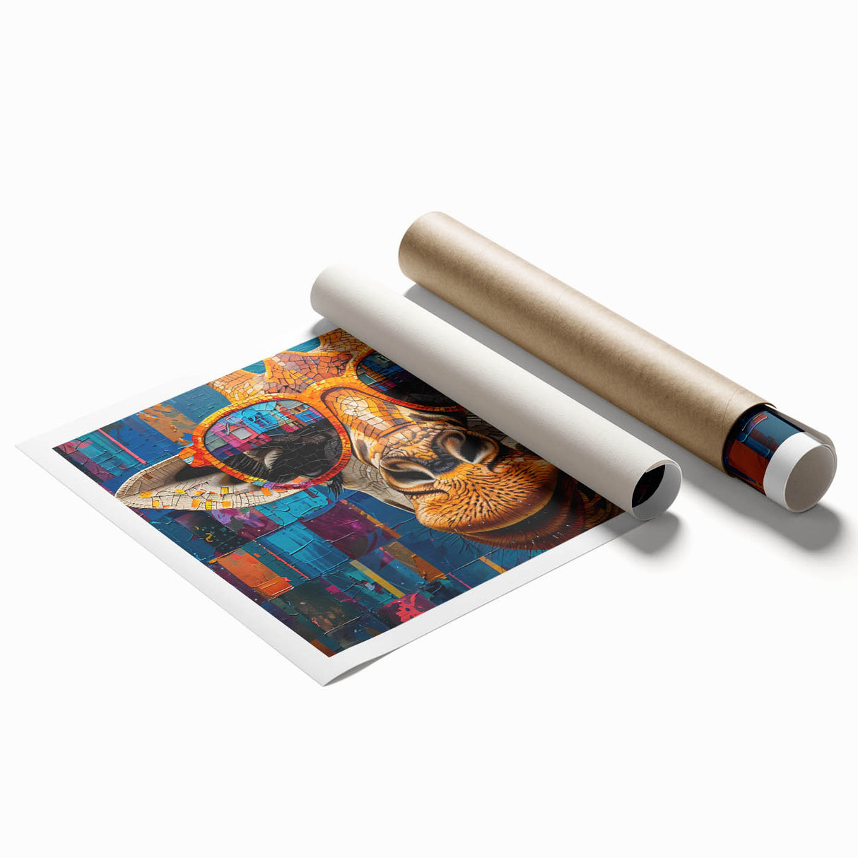 Rolled print of a whimsical giraffe design for wall art, showcasing vibrant colors and playful patterns, ideal for home decor and animal lovers.