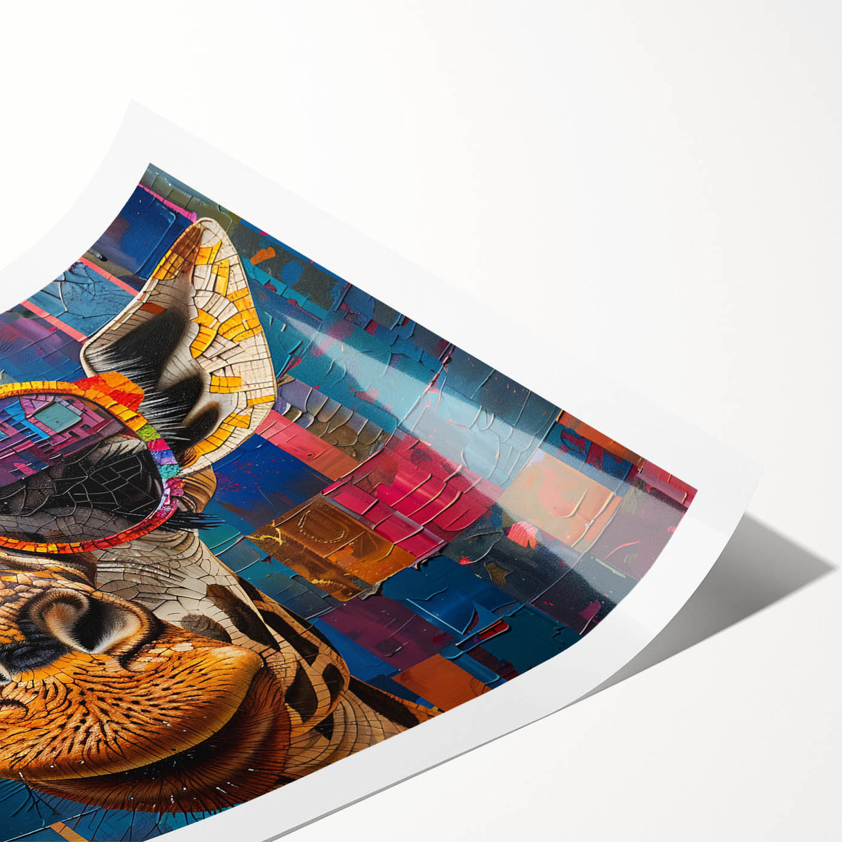 Giraffe-themed wall art print showcasing a vivid and colorful design, featuring intricate patterns and textures, ideal for animal lovers and home decor enthusiasts.