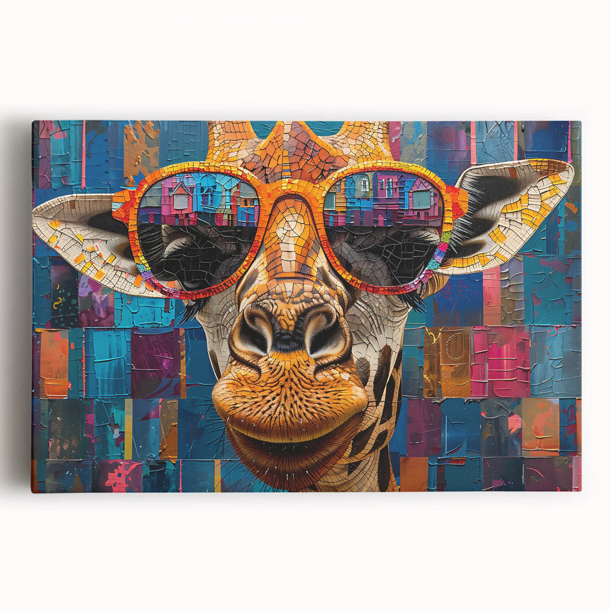 Stretched canvas wall art featuring a vibrant giraffe design in a serene natural setting, showcasing rich colors and intricate details, perfect for wildlife enthusiasts.