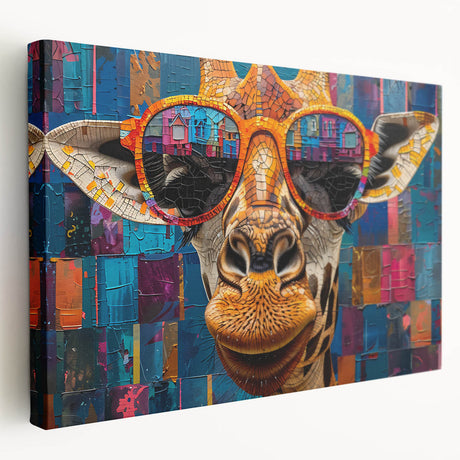 Stretched canvas artwork of a giraffe in a vibrant African savannah, showcasing rich colors and detailed textures, perfect for wildlife enthusiasts and home decor.