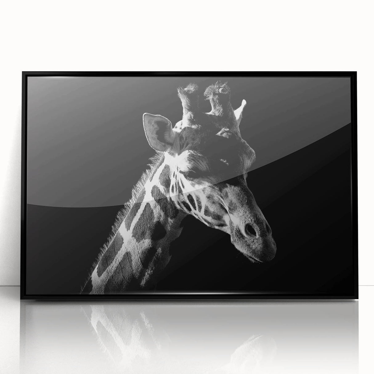 Framed acrylic wall art featuring a vibrant giraffe design with a black frame, perfect for adding a touch of wildlife elegance to home decor. The artwork showcases the majestic giraffe in a colorful, artistic style, making it a captivating focal point in any room. Ideal for animal lovers and modern interior design.