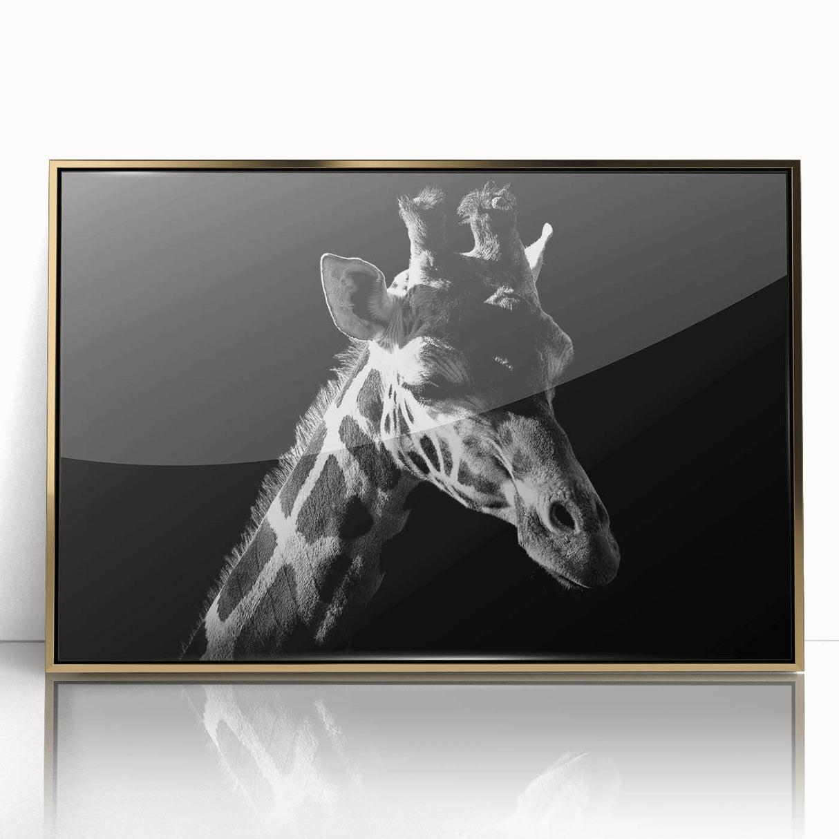 Framed wall art featuring a striking gold-accented giraffe design, showcasing its unique patterns and elegant stature, perfect for enhancing modern decor.