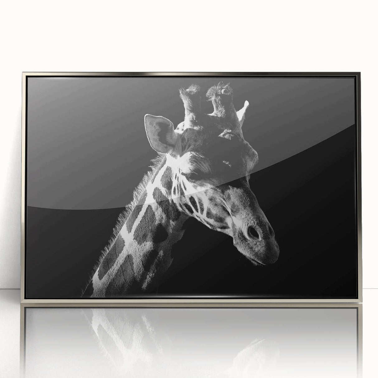 Framed wall art featuring a striking giraffe design in a sleek silver frame, showcasing vibrant colors and intricate details, perfect for wildlife enthusiasts' decor.