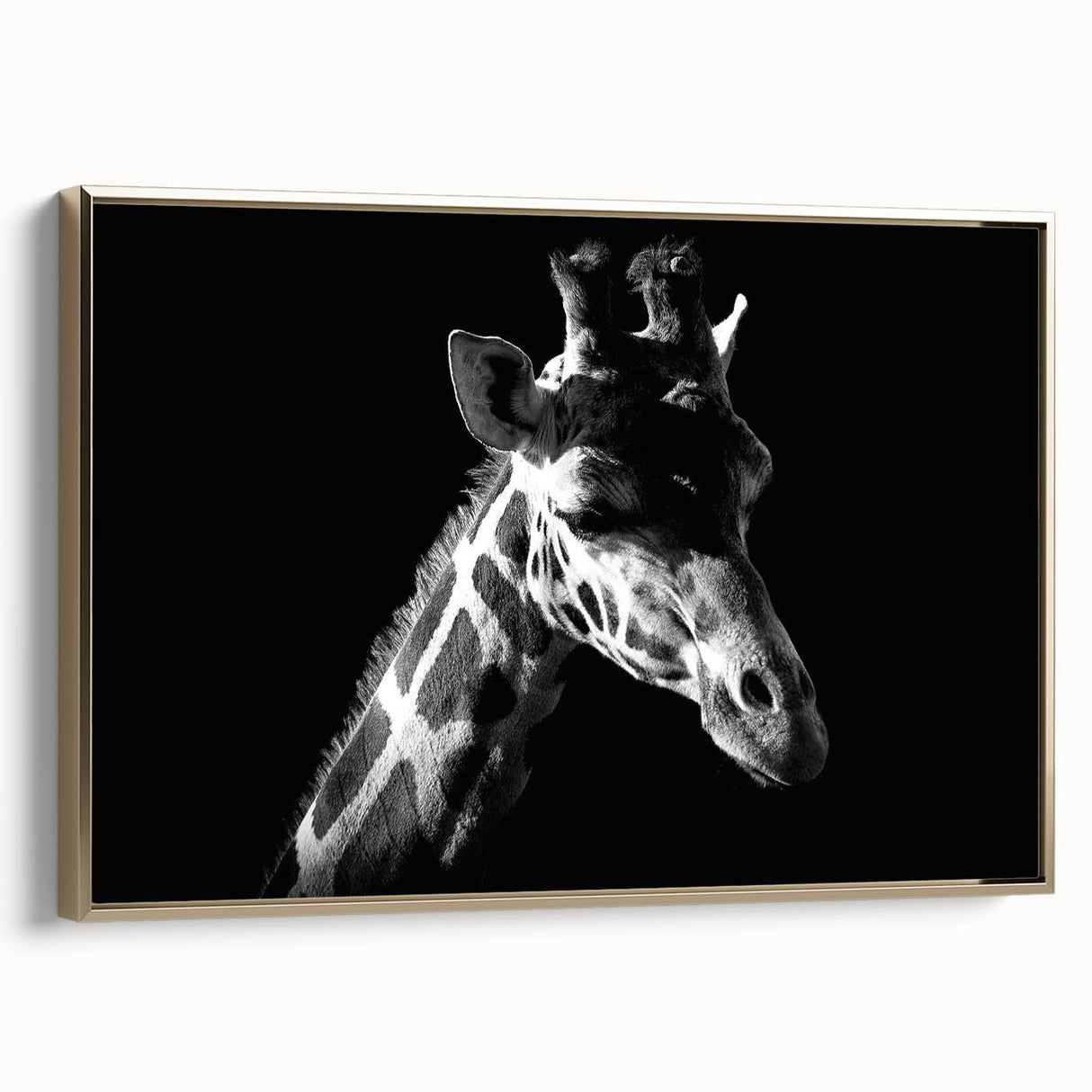 Framed canvas wall art featuring a side view of a beautifully designed giraffe in a gold color palette, perfect for animal lovers and modern decor enthusiasts.