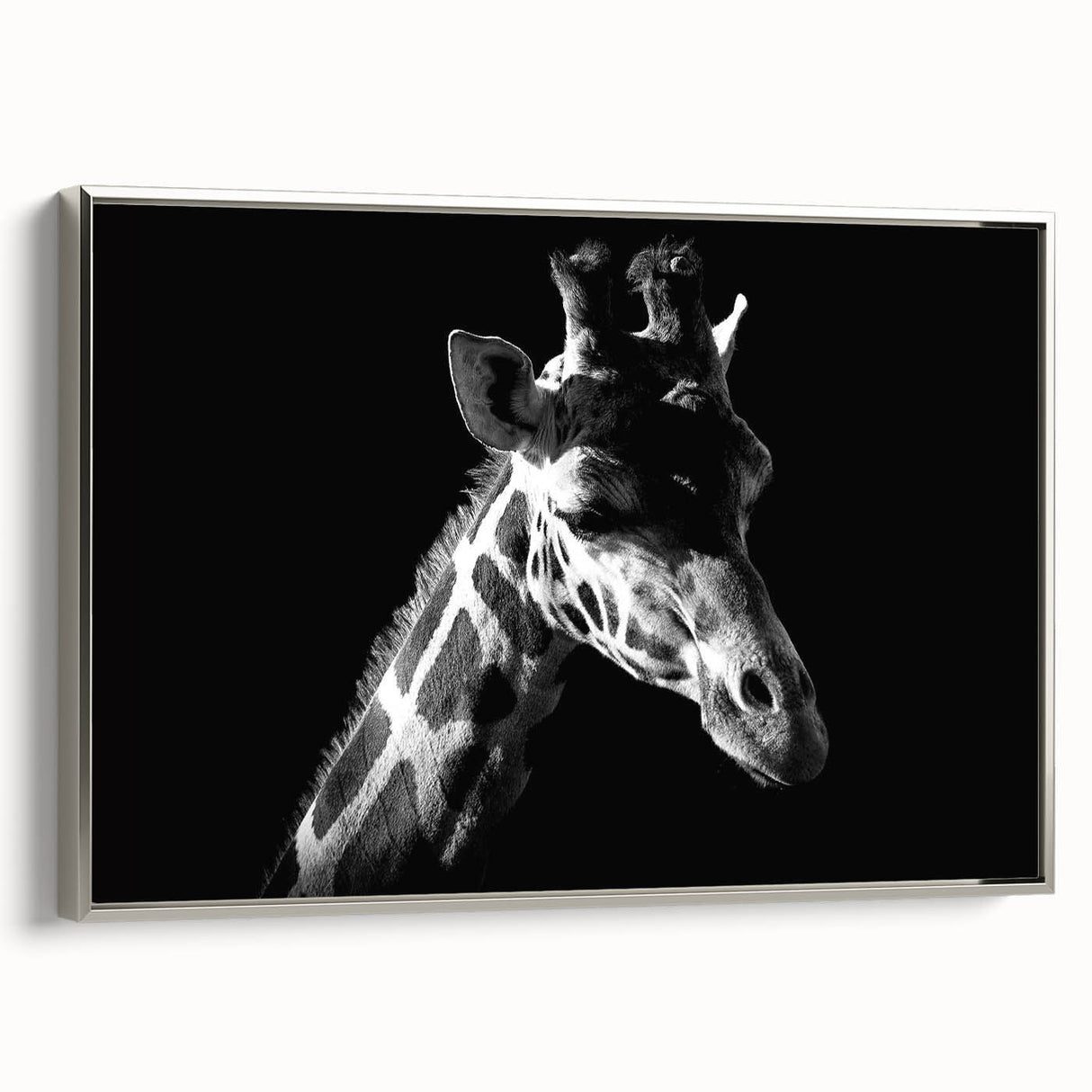 Framed canvas wall art featuring a stylish silver giraffe design, showcasing a side view of the animal surrounded by a minimalist background, perfect for modern decor.