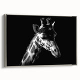 Framed canvas wall art featuring a stylish silver giraffe design, showcasing a side view of the animal surrounded by a minimalist background, perfect for modern decor.
